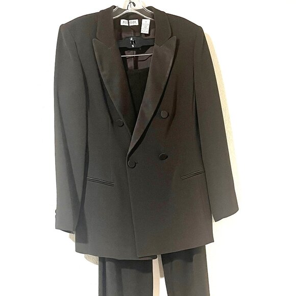 ANN TAYLOR Petite 2pc Double Breasted Brown Satin Lapel Blazer Pants Suit SZ 12P - Picture 1 of 16